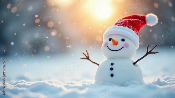 Fototapeta Cheerful snowman with a Santa hat enjoying a snowy day