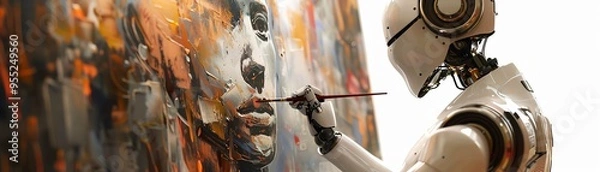 Fototapeta A robot painting a human face on a canvas, highlighting creativity in artificial intelligence