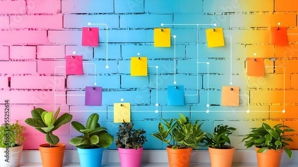 Fototapeta Colorful Brainstorming Session in Office with Sticky Notes and Diagrams
