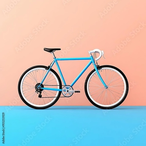 Fototapeta Blue bicycle against a pink and blue background.