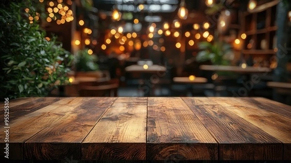 Fototapeta Empty wood table top on blur light gold bokeh of cafe restaurant in dark background