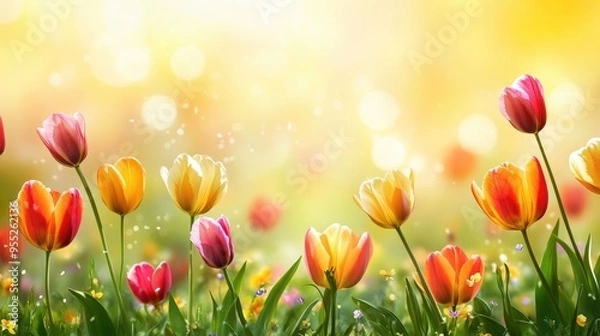 Fototapeta A spring flyer with a bright, sunny background and colorful flowers, offering a vibrant and uplifting design with ample space for event information.
