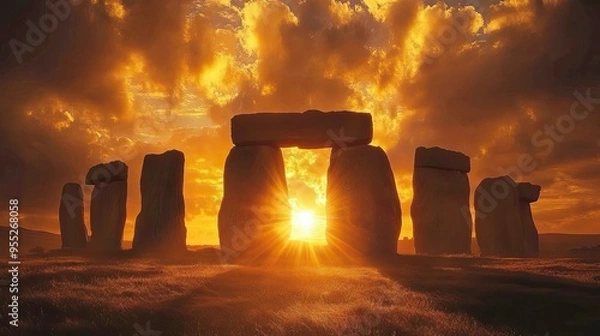 Fototapeta Stonehenge at golden hour, with the sun setting directly behind the stones, creating a mystical and enchanting scene with a glowing sky and long shadows