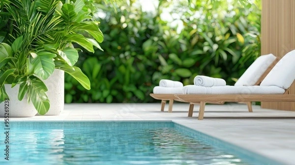 Fototapeta Experience tranquility in a cozy corner of a private swimming pool, featuring luxurious lounge chairs and plush towels, perfect for relaxation, unwinding, and enjoying the serene surroundings.