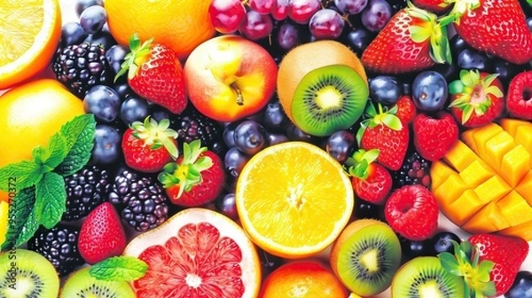 Fototapeta colorful assortment of fresh fruits strawberries, kiwi, and oranges top view food photography