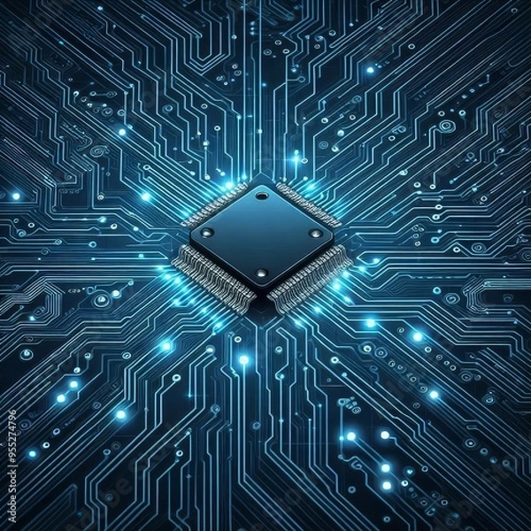 Fototapeta Thin circuit trace lines in blue on a dark technology background. Abstract digital tech bg. Electronics and computer technology concept. Chip and circuit board. Vector illustration. Chip connectors
