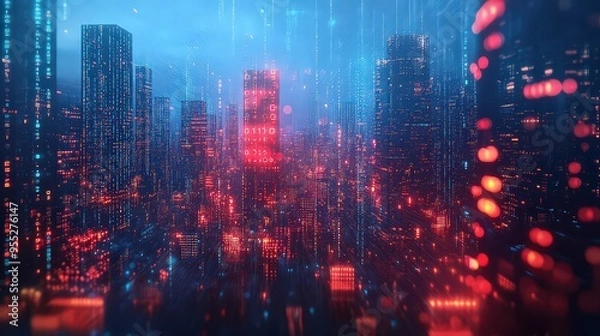 Fototapeta  Skyscrapers pierce the night sky, their twinkling lights creating a majestic silhouette against the dark. The city pulses with energy, a symphony of light and shadows illuminating the skyline.