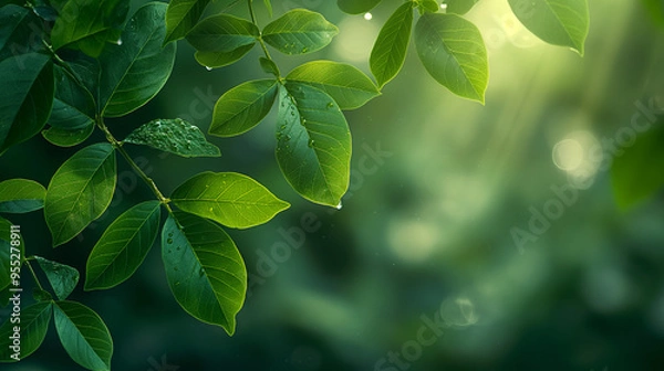 Fototapeta A leafy green tree branch with sunlight shining on it