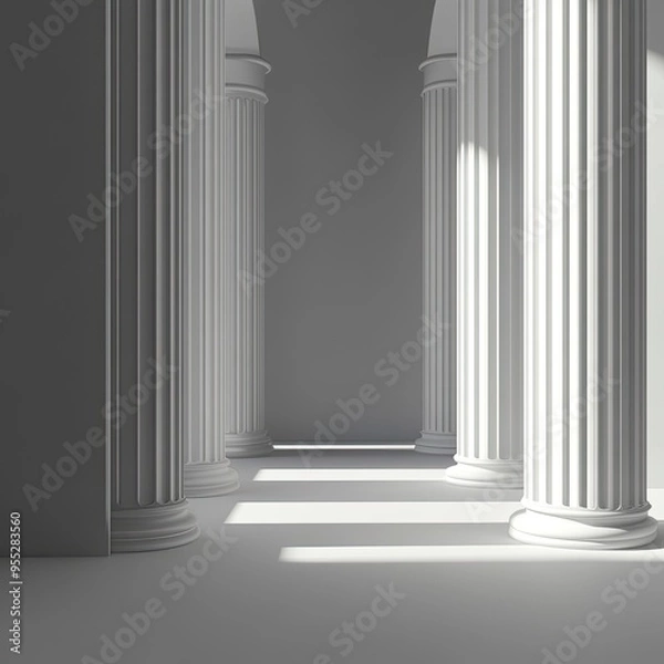 Fototapeta A serene hallway featuring classic columns, illuminated by soft light, creating an atmosphere of elegance and tranquility.