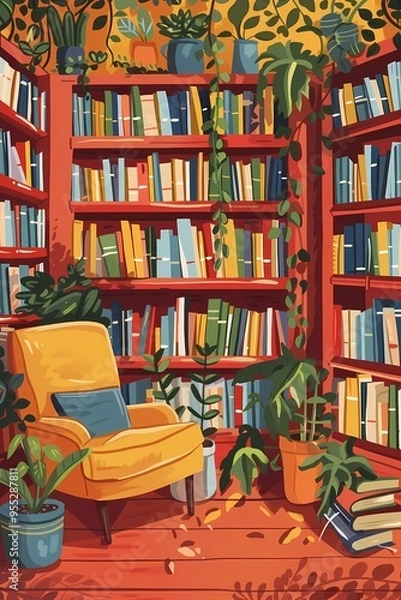 Fototapeta Cozy library illustration with bookshelves and reading corner
