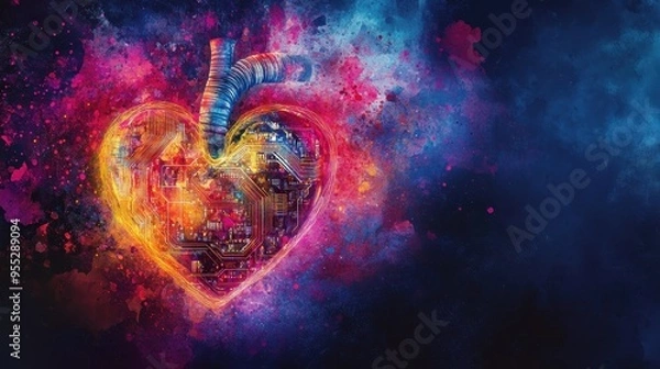 Fototapeta Technological Heartbeat - Creative Fusion of Watercolor and Digital Innovation