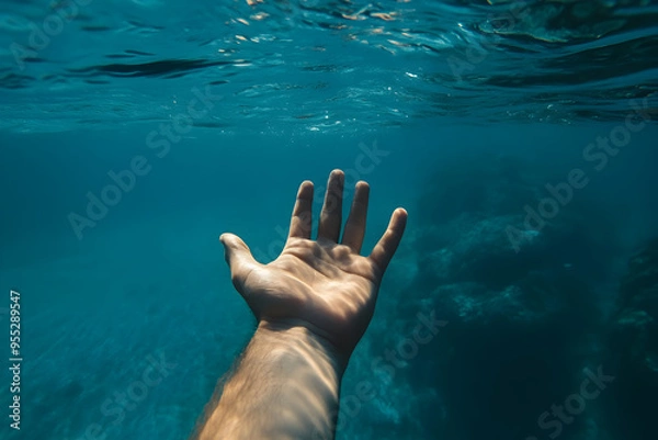 Fototapeta A diver’s hand reaching out towards a blank, empty sea.



