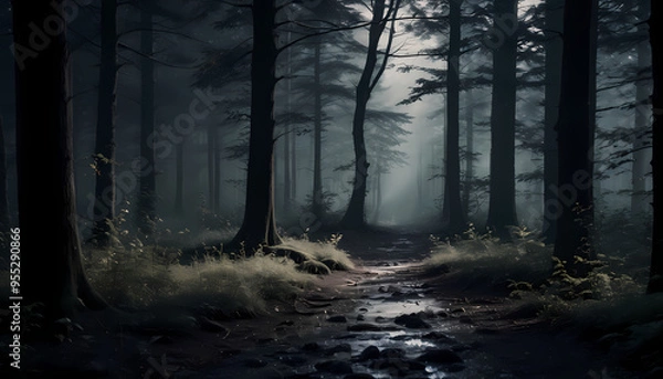Fototapeta Magical forest filled with soft moonlight, high quality, realism