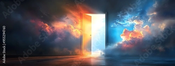 Fototapeta An open door leading to the sky, with colorful clouds swirling around it and light streaming through the window onto an empty floor below