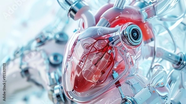 Fototapeta Artificial heart with tubes, futuristic medical tech, sterile background, detailed closeup
