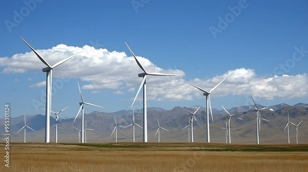 Fototapeta A field of wind turbines stretching across a vast landscape, with clouds passing overhead. Copy space. 