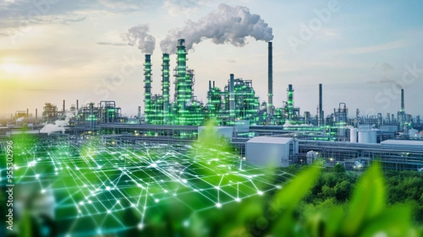 Fototapeta A green industry power plant concept, featuring smart factories and digital technology, integrated with nature and renewable energy sources. Ai generated