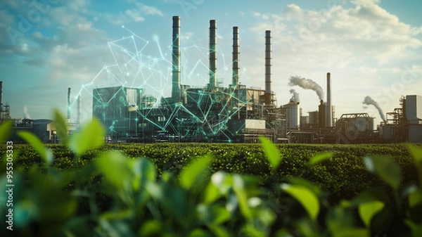 Fototapeta A realistic graphic showing a sustainable power plant integrated with advanced Industry 4.0 technology, surrounded by greenery and eco-friendly elements. Ai generated