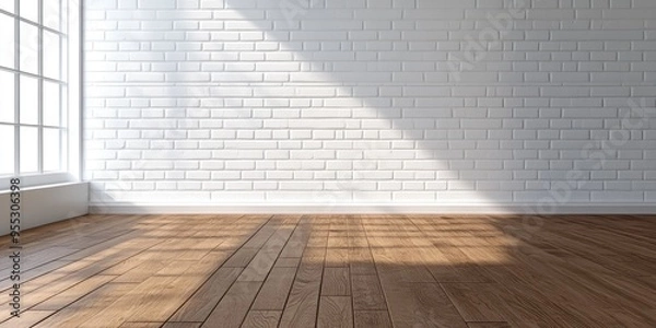 Fototapeta 3D rendering of an empty room featuring a brown wood laminate floor and a white mortar wall backdrop