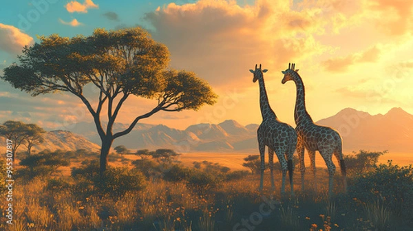 Fototapeta  two giraffes in the savannah with an acacia tree.The sky is orange and yellow, with mountains visible in the background.