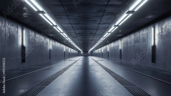Fototapeta Futuristic Grunge Cement Asphalt Concrete Basement Hangar Parking Tunnel with a Metal Floor and Showroom Hallway Corridor in a Realistic 3D Rendering Illustration
