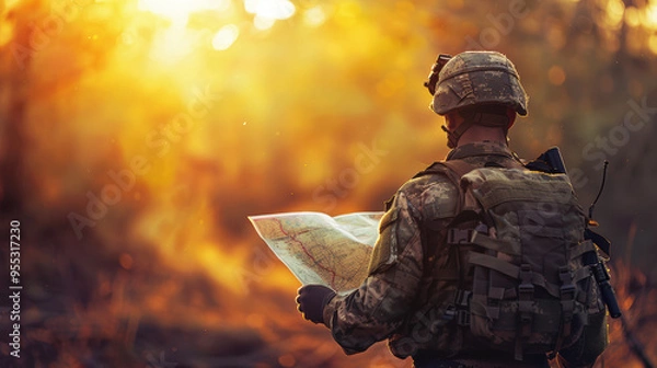 Fototapeta A soldier wearing a uniform and holding a realistic map. 