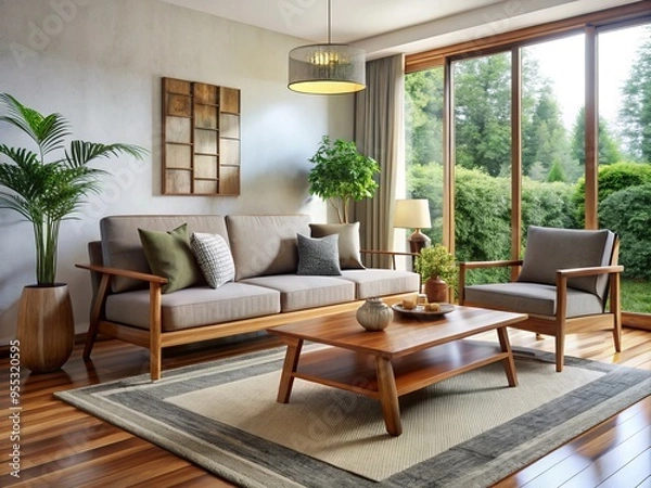 Fototapeta The modern living room features a comfortable koa wood sofa, paired with a coffee table and armchair, creating