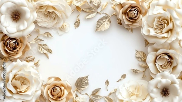 Fototapeta Elegant gold and white roses arranged in a decorative frame on a white background