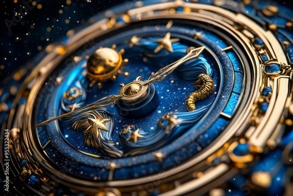 Fototapeta Zodiac signs in a celestial clock, captured in an artwork where the zodiac signs are part of a cosmic clock, marking the passage of time and the cycles of the stars