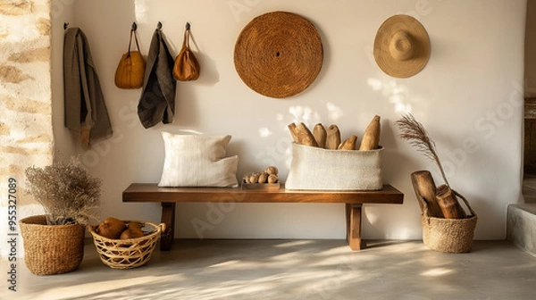 Fototapeta Modern entryway with wooden bench, wicker baskets and dried plants creating a cozy atmosphere