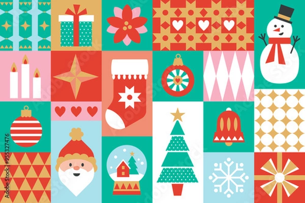 Obraz Christmas icons elements with geometric Bauhaus seamless vector pattern for wrapping paper, background, wallpaper. Holiday season, modern, contemporary abstract design.