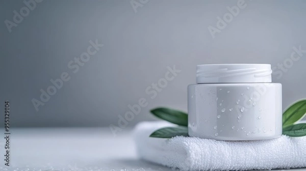 Fototapeta Empty white facial cleanser container with sleek design, sitting on white towel, droplets of water surrounding