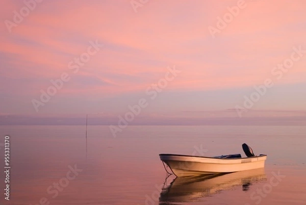 Fototapeta Small boat in front of a deep purple sky reflecting in the sea. Full purple sky with almost no horizon. Stunning evening sky just after sunset. Yasawa Islands tranquility. Invisible horizon. Fiji.  