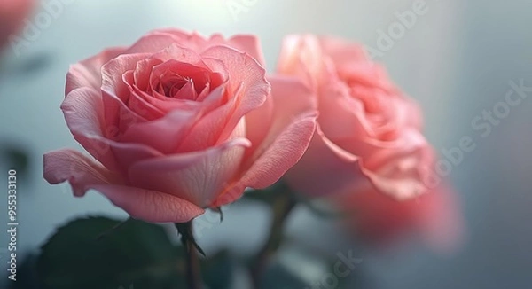 Fototapeta Delicate pink roses arranged beautifully against a soft blue background in tranquil lighting