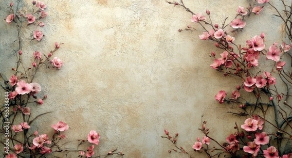 Fototapeta Soft pink blossoms adorn a textured wall in a serene, earthy setting during springtime