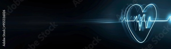 Fototapeta Neon heart and pulse line on black background, glowing white, minimalistic design, medical theme