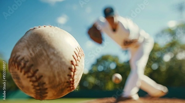 Fototapeta Close-up of a baseball pitcher preparing to throw on a sunny day