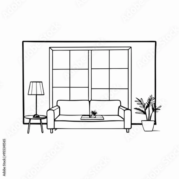 Fototapeta Minimalist Living Room with Large Window and No Sofa – Vector Art