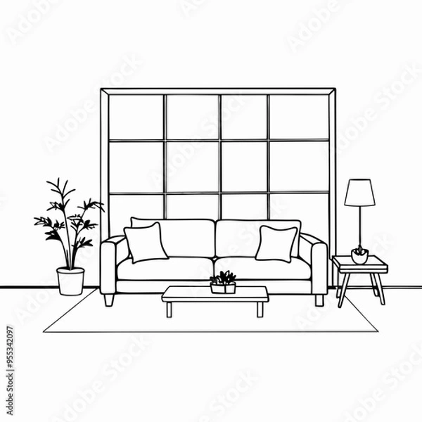 Fototapeta Minimalist Living Room with Large Window and No Sofa – Vector Art