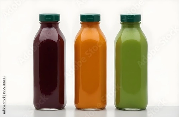 Fototapeta Fresh fruit juice in small clear plastic bottle.Cube shaped bottles. Blank front area for branding labels. Orange juice, carrot juice and beetroot or pomegranate juice. Isolated on white background.
