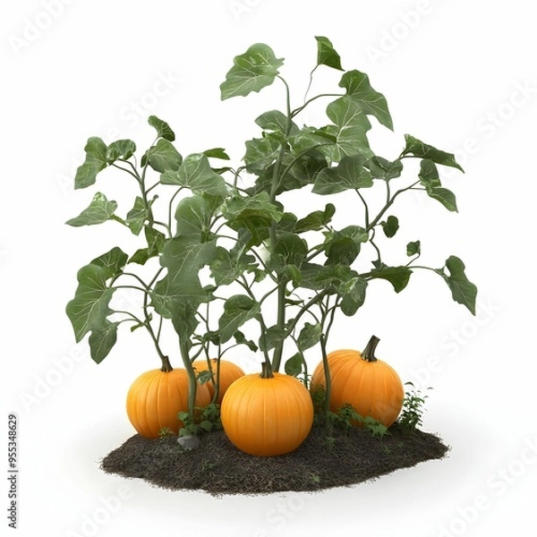 Fototapeta A 3d tree with orange pumpkin growing on it. there are many of them
