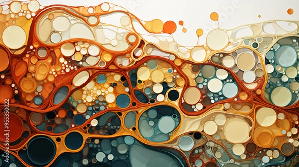Fototapeta Organic 3D Abstract Cellular Camouflage with Fluid Metal Patterns and Gold-Bordered Shapes.