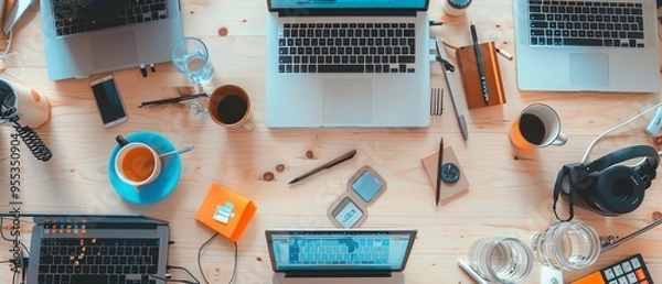 Fototapeta Top view of a modern workspace with laptops, monitor, and accessories