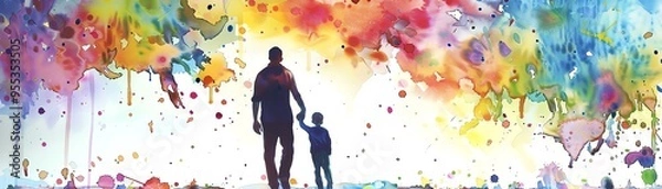 Fototapeta Watercolor painting of a father and child holding hands, with colorful splashes creating a warm, emotional scene