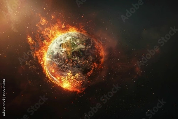 Fototapeta Fiery planet Earth surrounded by dark space with sparks and smoke, symbolizing climate change and apocalyptic themes