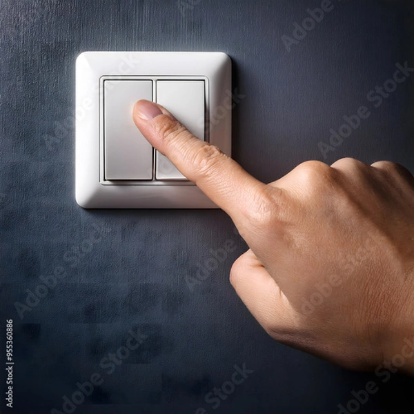 Fototapeta A hand is pointing to a light switch