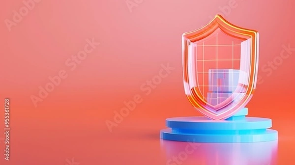 Fototapeta 3D illustration of a transparent shield protecting a digital structure on a pedestal, symbolizing cybersecurity and data protection.
