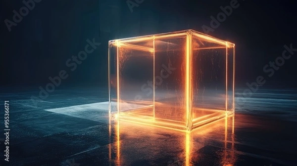 Fototapeta A 3D render of a glass cube structure with glowing internal elements, emphasizing the contrast between light and transparency