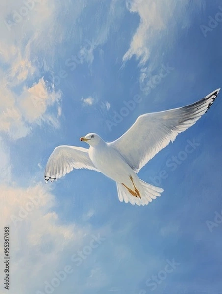 Fototapeta Oil painting depicting a seagull soaring in clear skies capturing the essence of freedom in flight