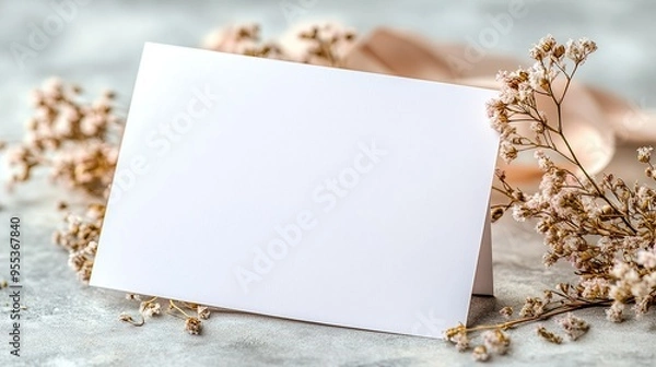 Fototapeta Maqueta de una tarjeta colocada sobre una mesa de trabajo con colores cálidos. Concepto de recurso gráfico.